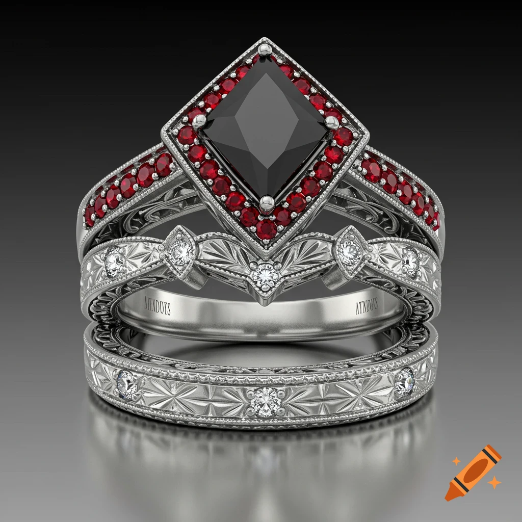 A vintage-style wedding ring set featuring a kite-shaped black diamond surrounded by a halo of red rubies, with intricate filigree bands and small inlaid diamonds.