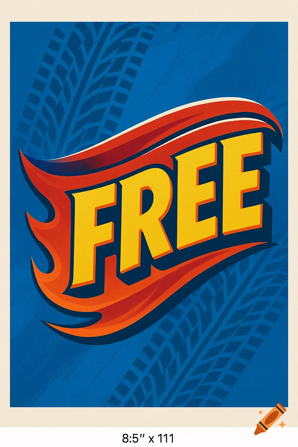 A stylized "FREE" sign with red and orange flames in a Hot Wheels logo style, set against a blue background with subtle tire treads.