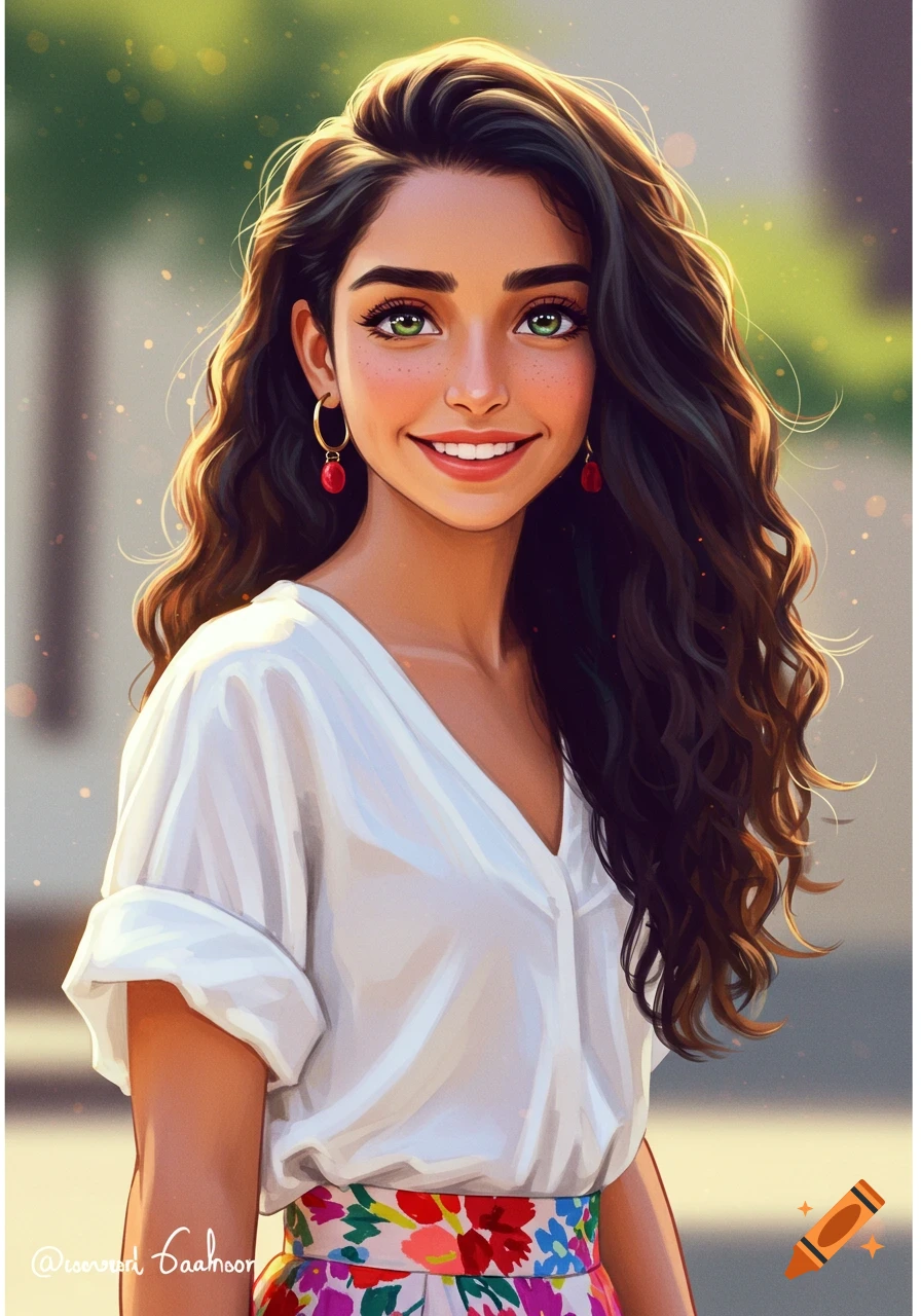 A digital art portrait of a smiling Spanish-Iranian girl with long wavy black hair and green eyes, wearing a white blouse and floral skirt.