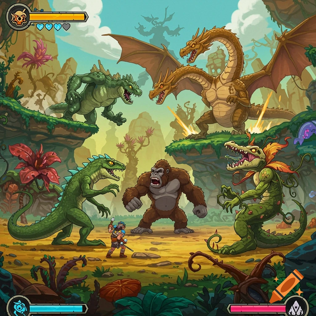 Cartoon game art of a small warrior facing off against King Kong, multiple green lizards, a plant monster, and a three-headed dragon in a lush, rocky jungle.