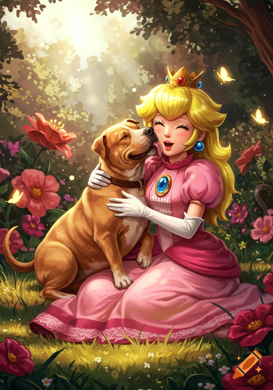 Princess Peach joyfully hugs a brown dog, which licks her face, in a sun-dappled forest filled with colorful flowers. Illustrated.