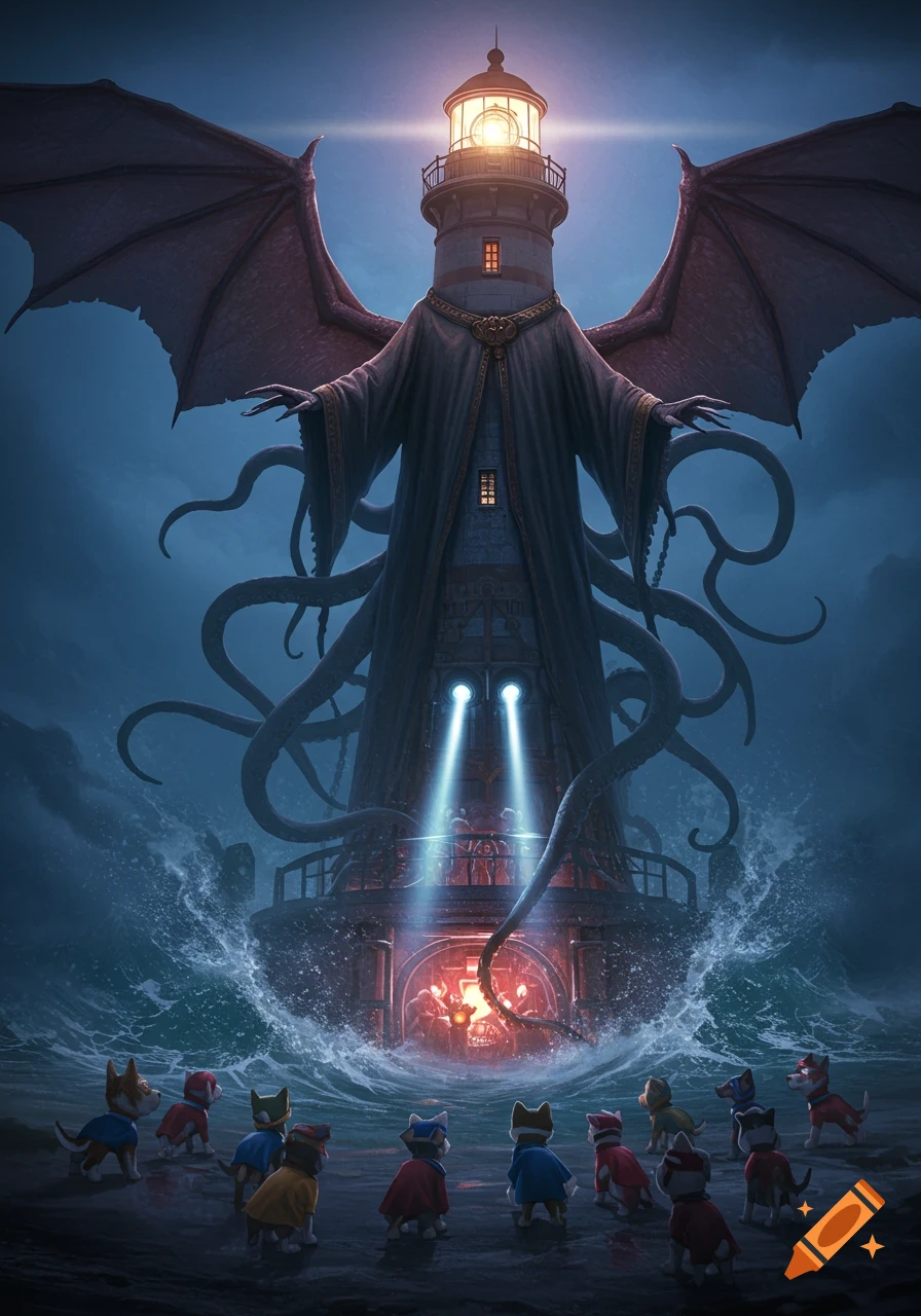 A Cthulhu-like lighthouse monster with bat wings and tentacles overlooks small superhero dogs on a stormy shore, with beams of light piercing the dark.