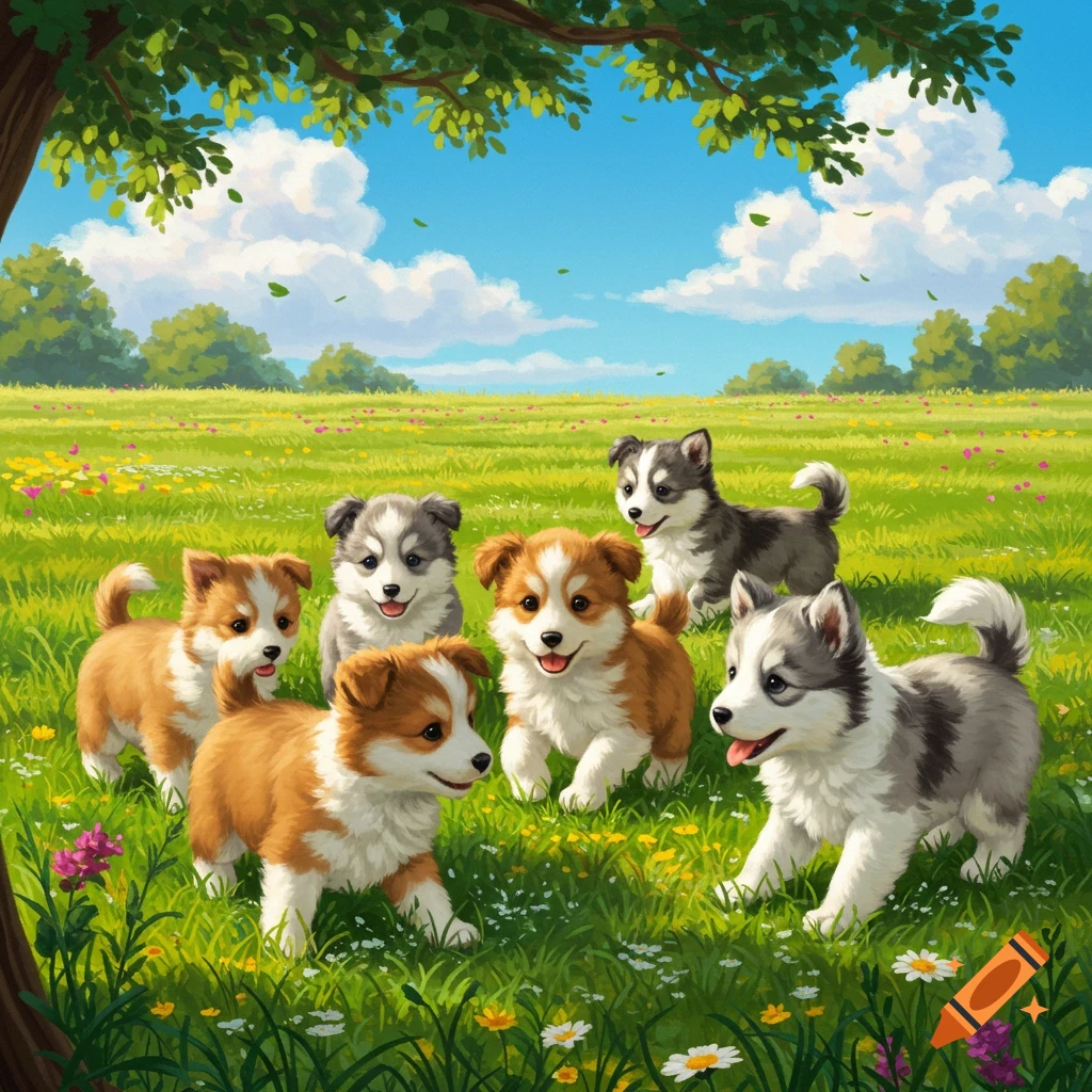 Six fluffy puppies, some brown and white, some gray and white, play in a vibrant green meadow under a blue sky.