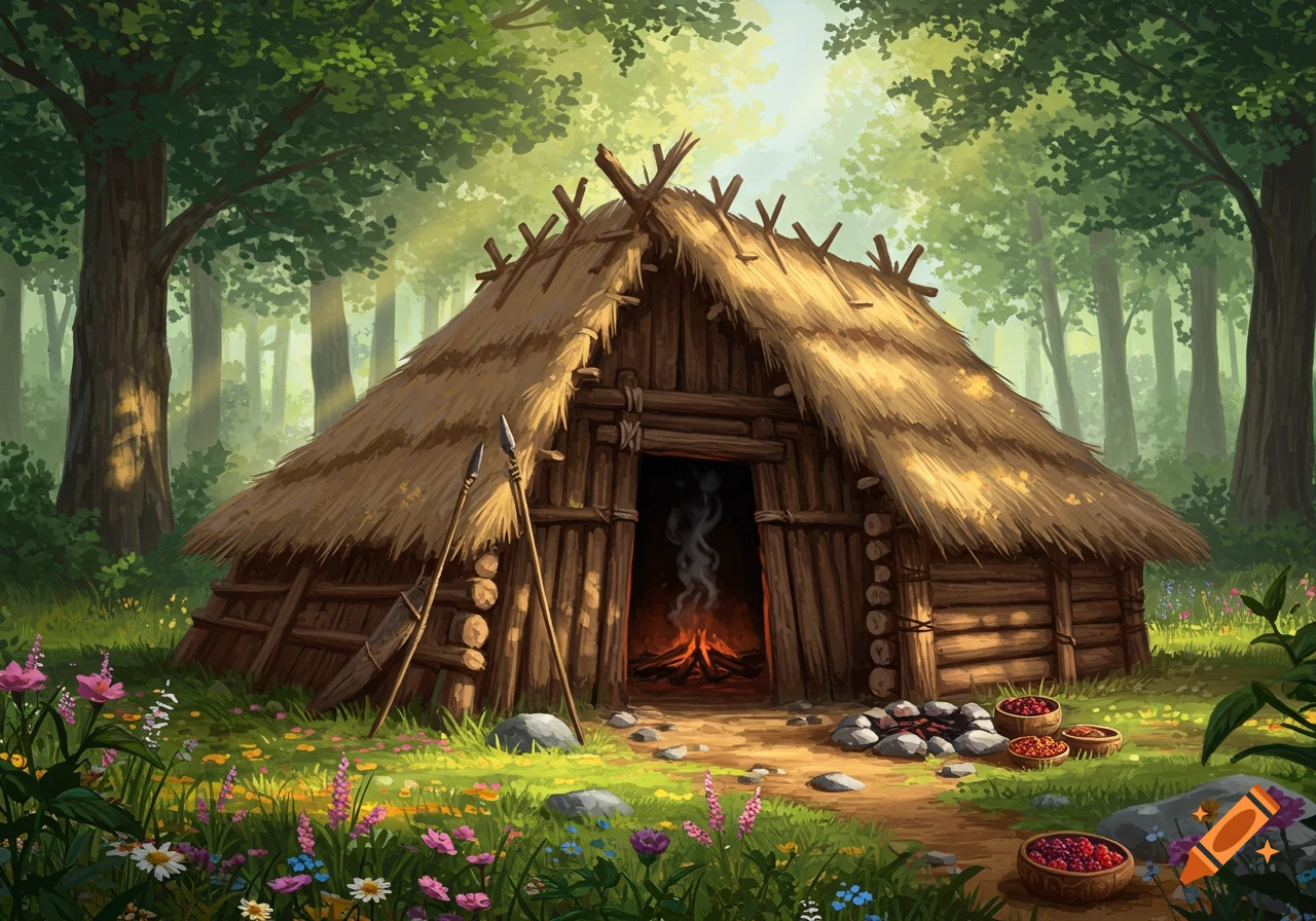 A rustic, thatched-roof wooden hut with a glowing campfire inside, nestled in a lush green forest with wildflowers.