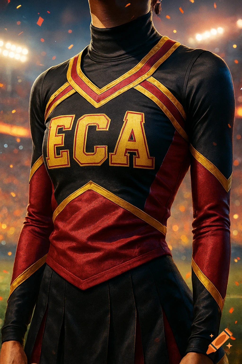 Close-up of a person in a black, burgundy, and gold cheerleader uniform with "ECA" on the front, set against a blurred stadium background.