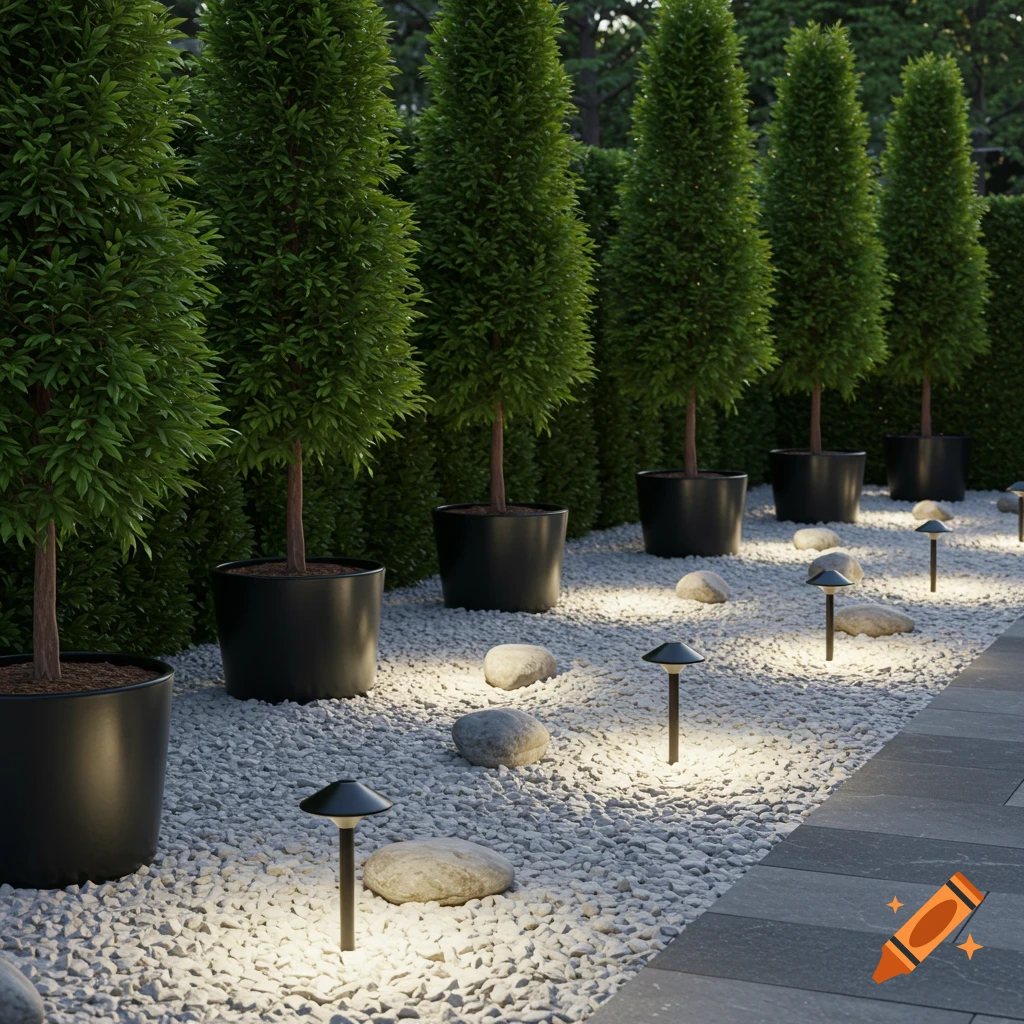 A garden path with potted evergreen trees, white pebbles, and illuminated ground spotlights at night.