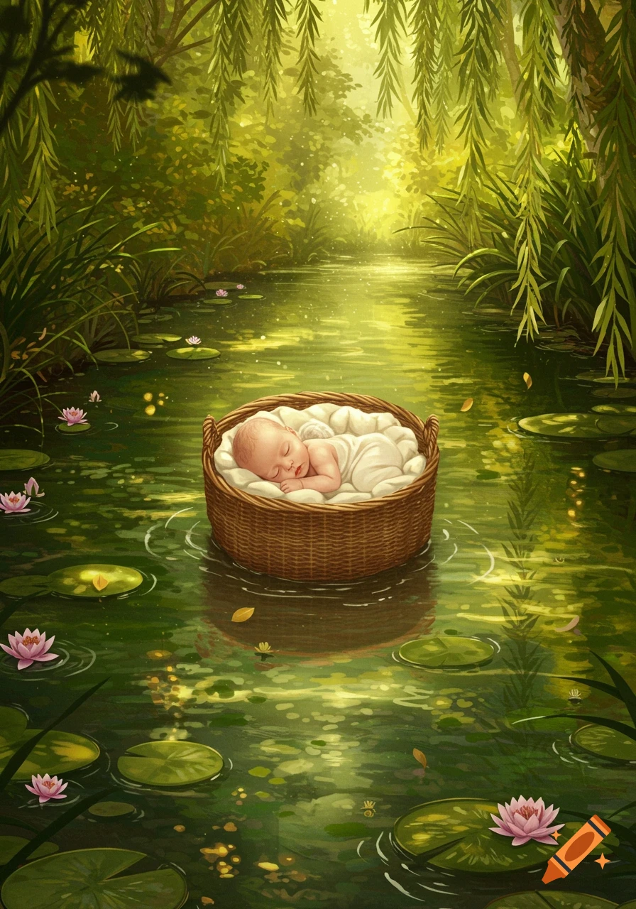 A sleeping baby in a woven basket floats on a calm, green river surrounded by lush foliage and water lilies, in a serene, magical illustration.