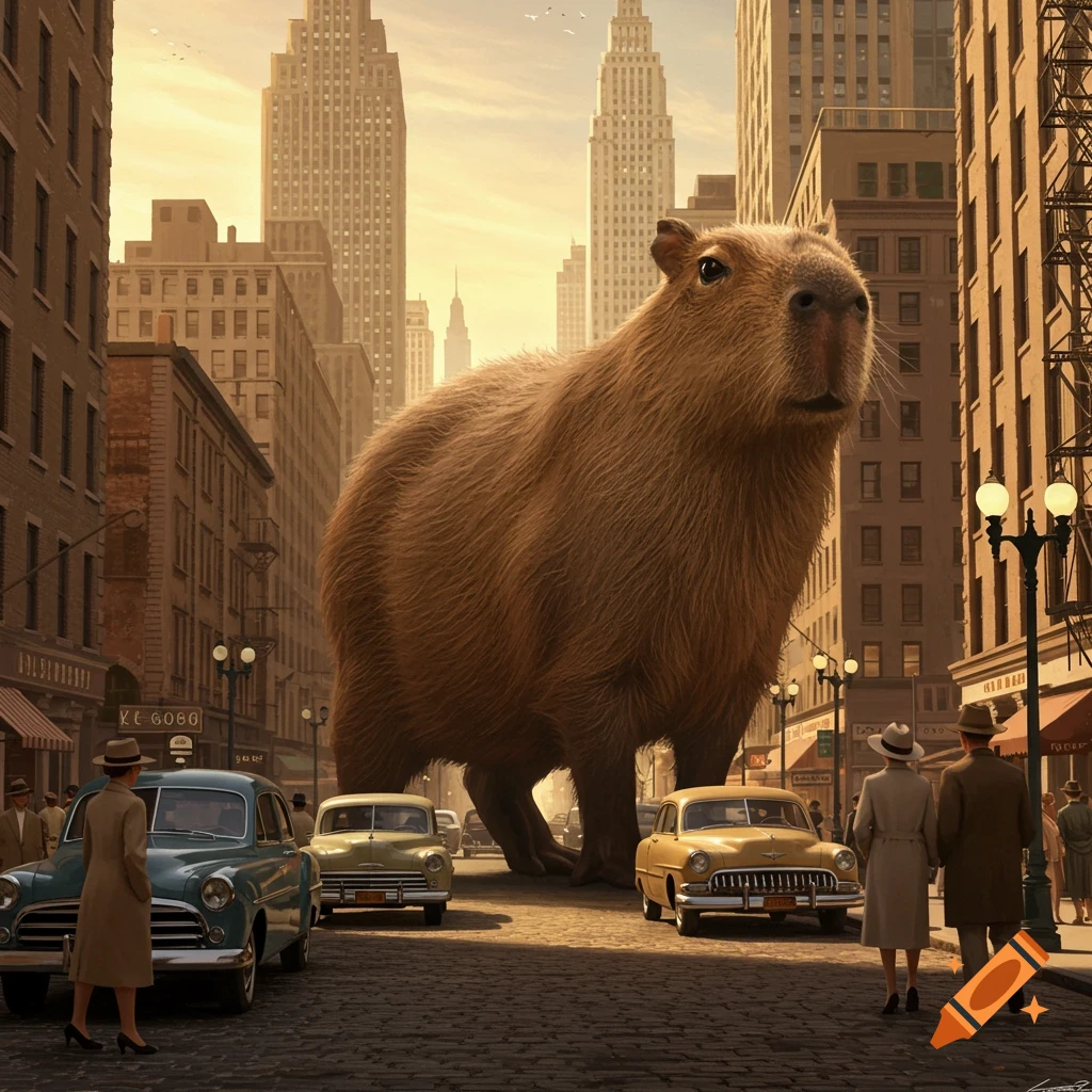 Giant capybara walking down a 1950s New York City street, towering over vintage cars and pedestrians, photorealistic.