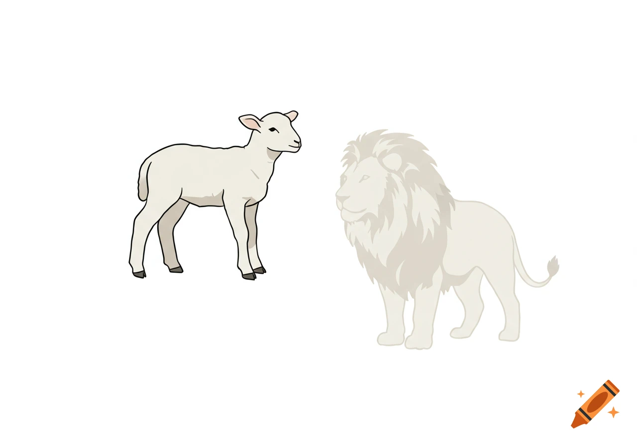 Minimalist illustration of a white lamb facing right next to a white lion on a white background.
