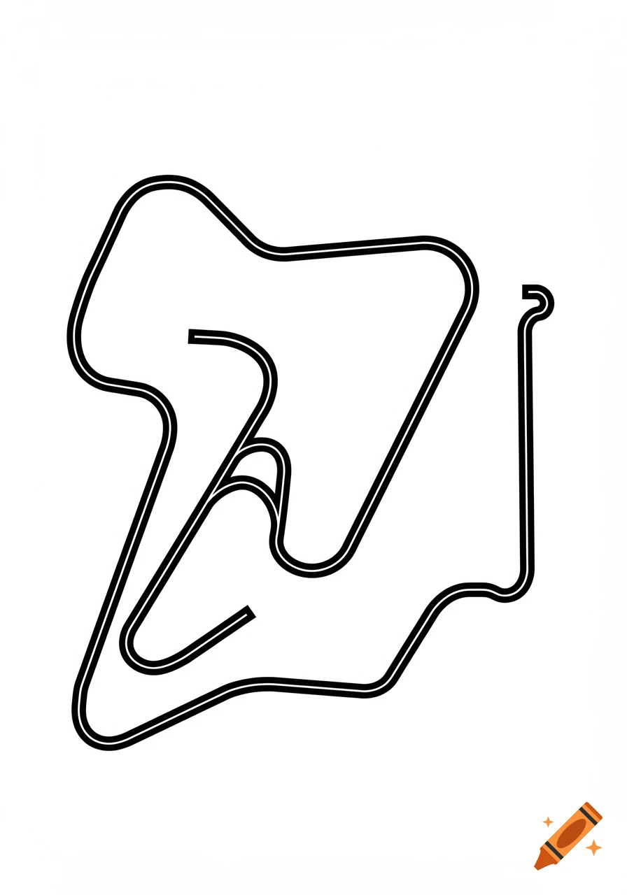A minimalist black and white line drawing depicting a race track layout with a mix of large and small turns, and long straights.