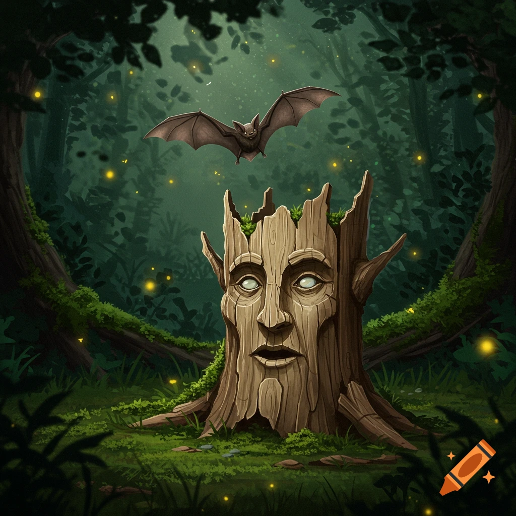 A stylized tree stump with a carved face and glowing eyes in a dark, firefly-lit forest, with a bat flying overhead.