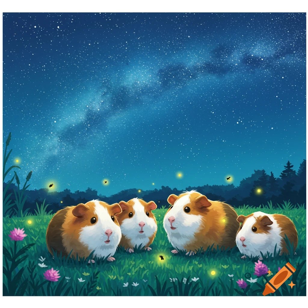 Four cute guinea pigs sit in a grassy field with glowing fireflies under a starry night sky, in an illustration.