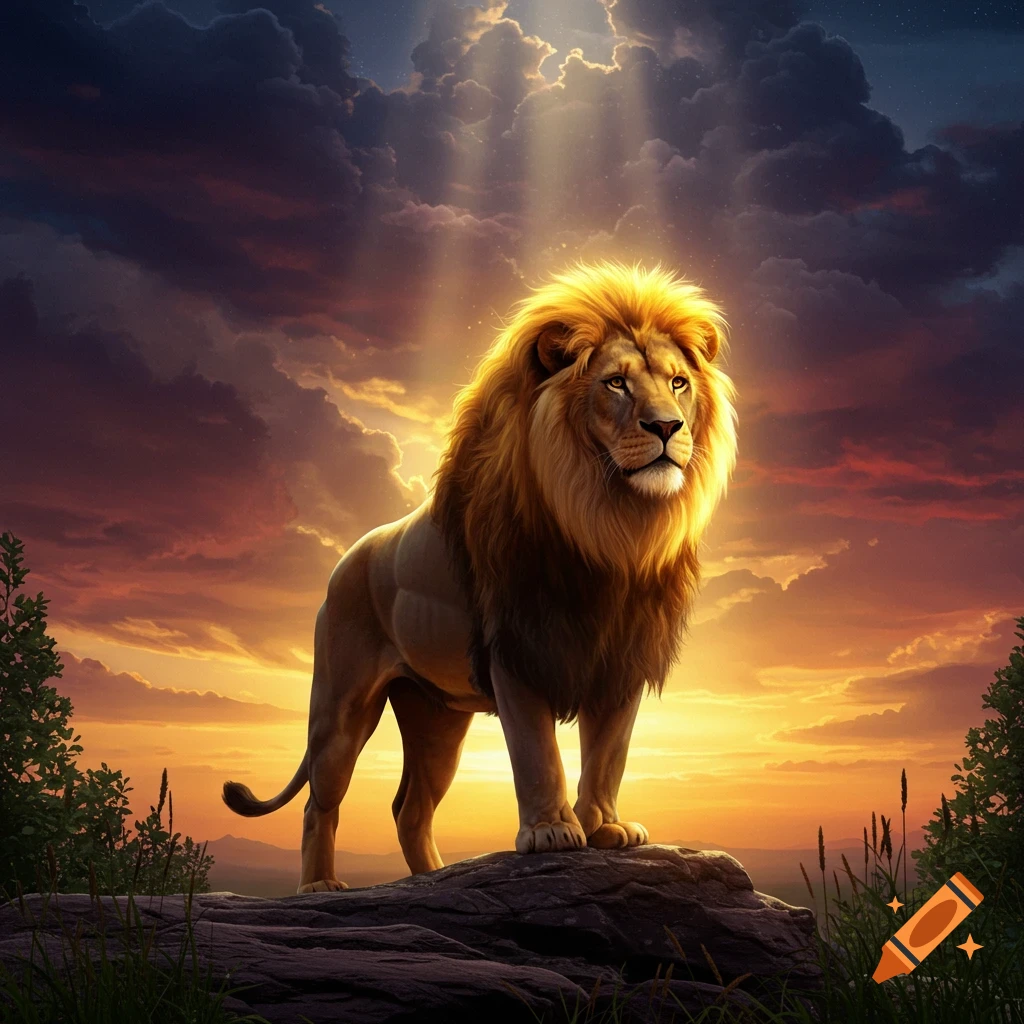A majestic lion with a glowing mane stands on a rock at sunset, bathed in light rays from dramatic clouds.