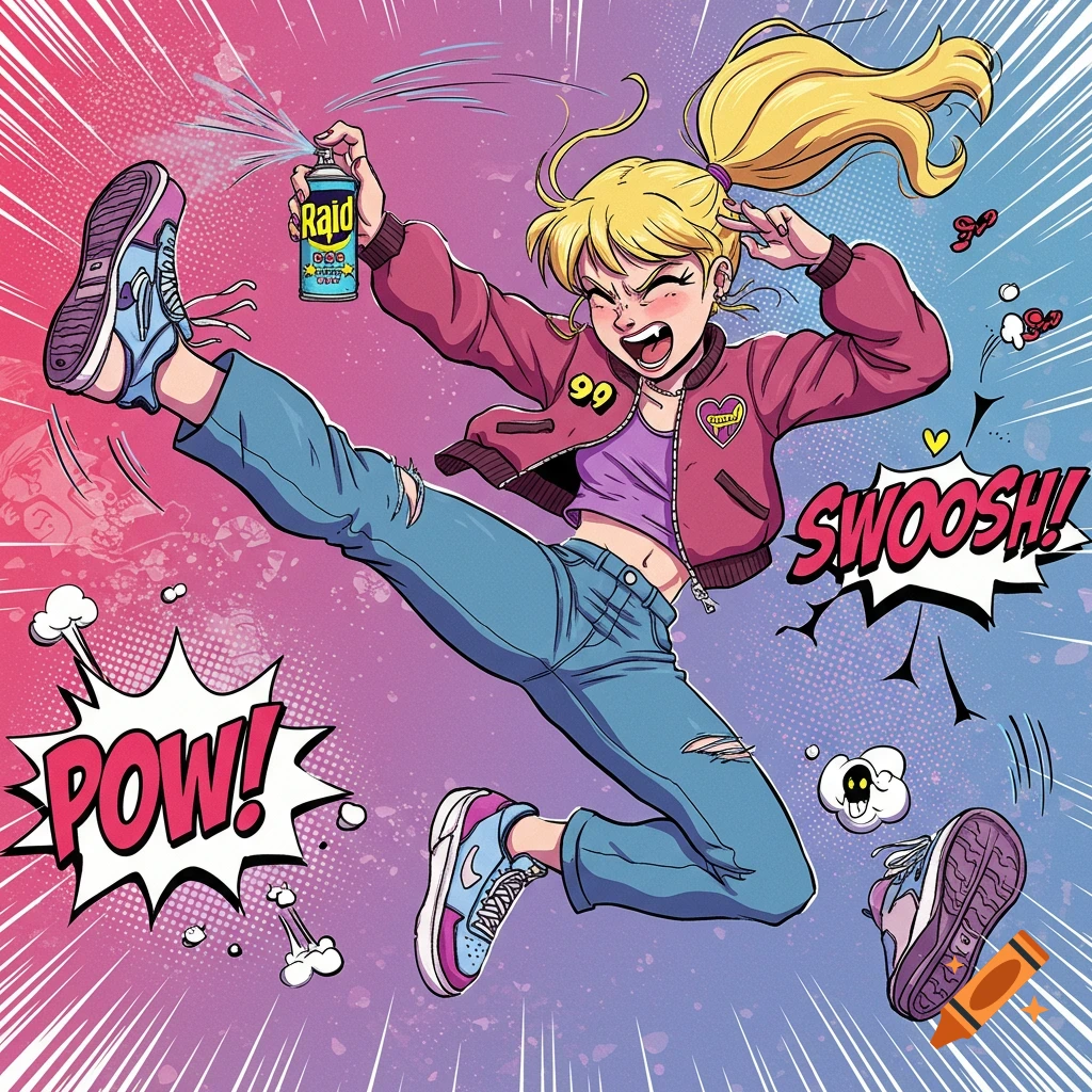 Cartoonish illustration of a blonde girl in 90s clothes doing a dynamic kick, spraying Raid bug spray, with comic book 'POW!' and 'SWOOSH!' text.