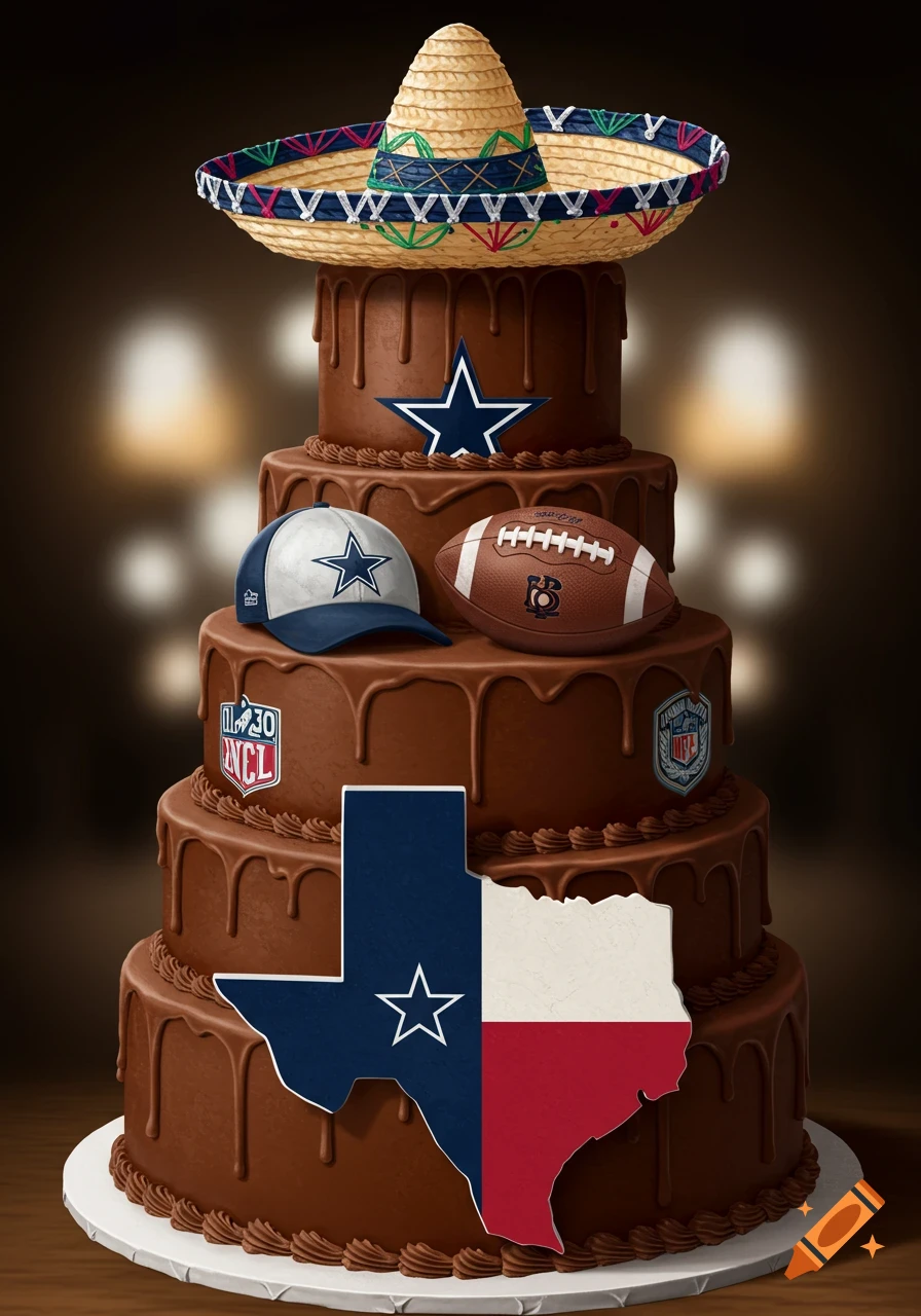 A multi-tiered chocolate cake decorated with a sombrero, Dallas Cowboys cap and star, a football, and a Texas state outline map split into blue and the Texas flag.