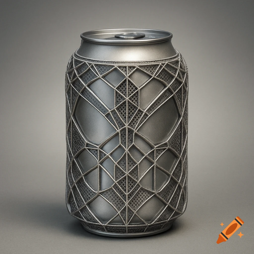 A metallic can with an intricate, geometric web-like pattern, rendered photorealistically.