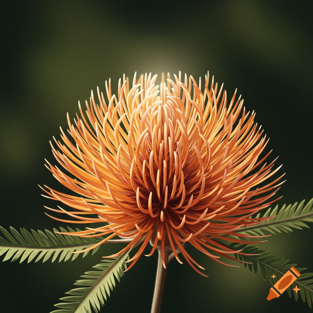 Close-up of a vibrant orange Banksia flower with spiky petals and green leaves against a dark, blurred background.