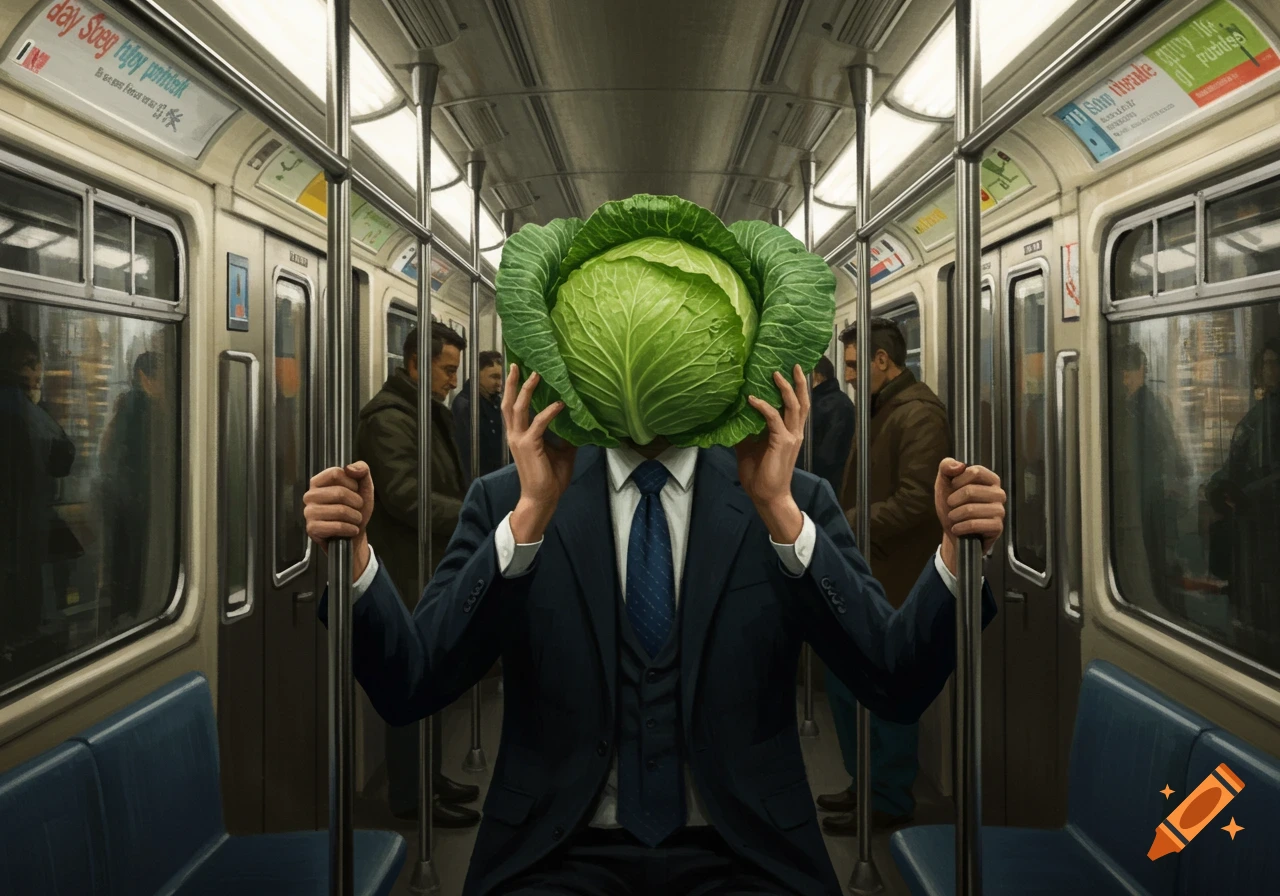 A man in a suit with a large green cabbage for a head rides a subway, holding onto a pole. Other passengers are visible in the background.