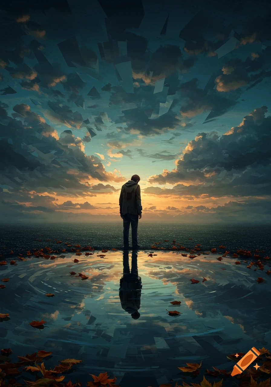 A lone figure stands in a shallow puddle amidst autumn leaves, reflected in water under a dramatic sunset sky with abstract elements, digital art.