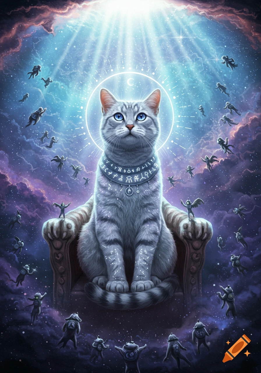 A majestic grey striped cat god sits on a throne, with glowing symbols on its collar, surrounded by smaller flying figures in a cosmic sky with bright light shining down.