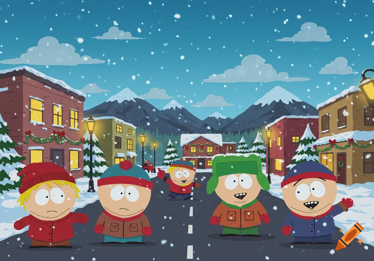 South Park characters on a snowy street in a decorated town with mountains in the background, cartoon style.