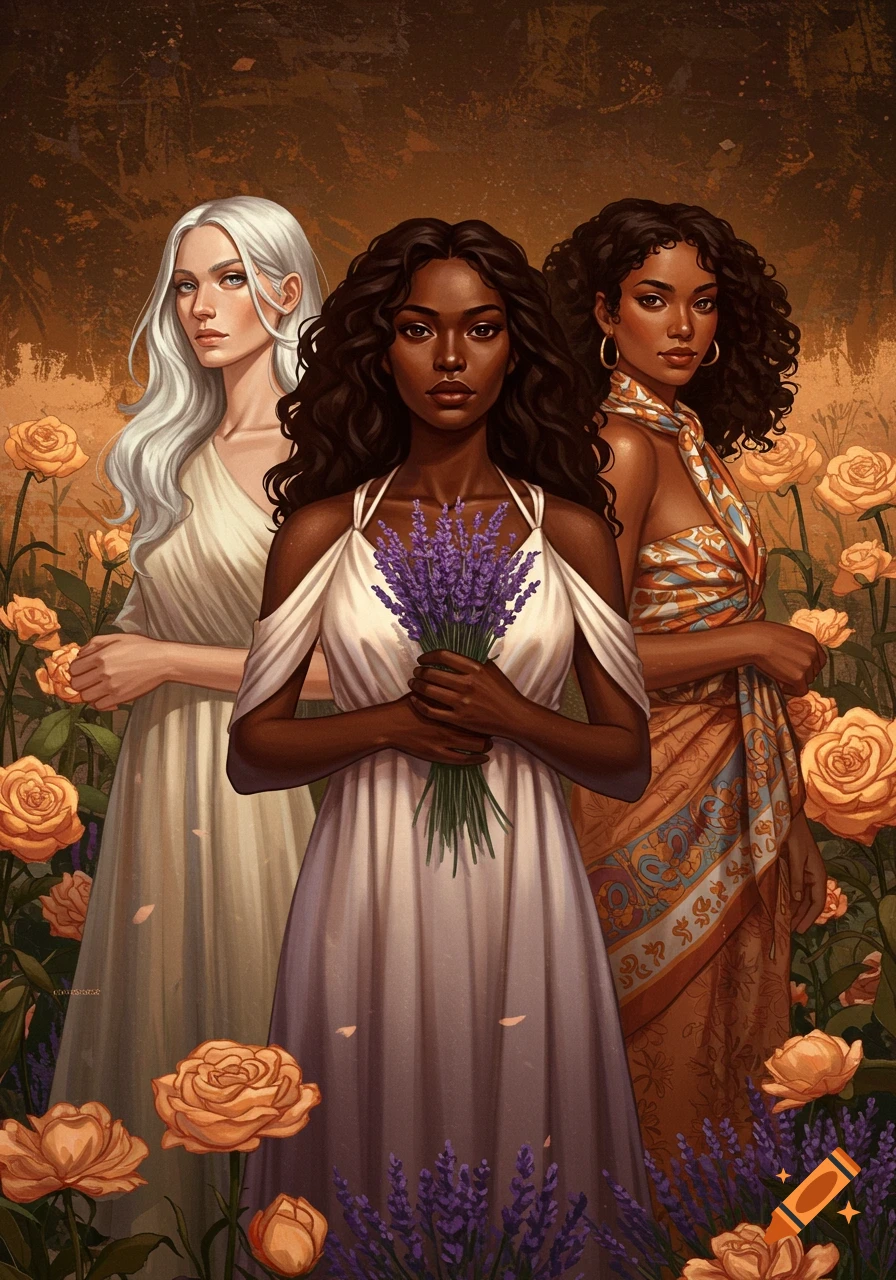 Three diverse women in dresses stand amidst a field of orange roses and purple lavender in a stylized illustration.