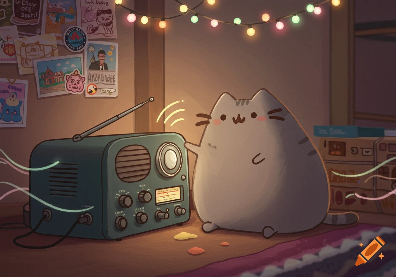 A cute gray Pusheen cat stands next to an old green ham radio under colorful string lights in a cozy cartoon illustration.