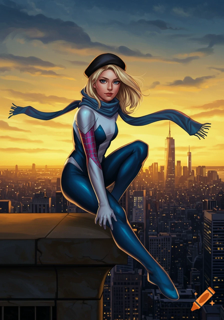 Gwen Stacy in a Spider-Gwen suit, black beret, and blue scarf, sits on a rooftop overlooking a golden city at sunset.