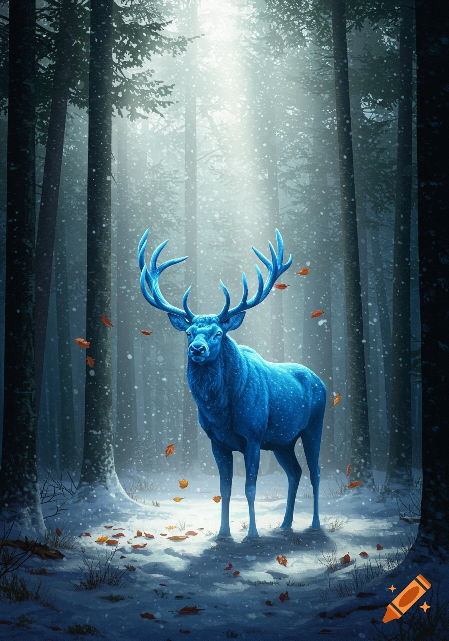 A majestic blue deer with large antlers stands in a snowy forest, bathed in sunlight with falling snow and orange leaves.