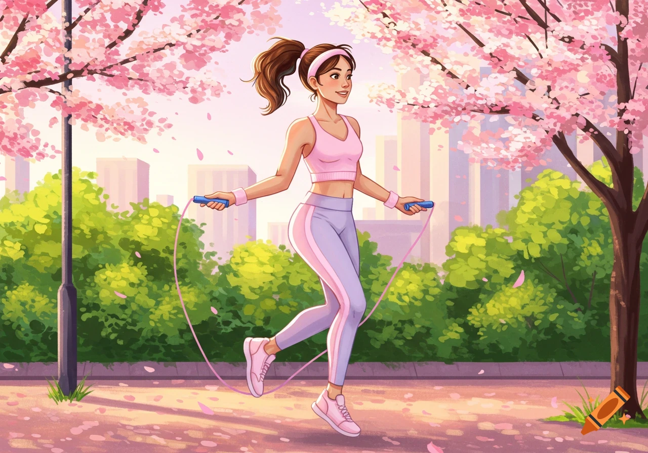 Cartoon woman in pink sportswear skipping rope in a sunny park with cherry blossoms and city buildings in the background.