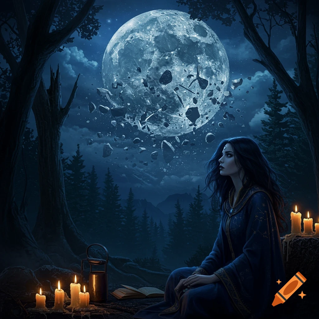 A sorceress in a blue robe sits in a dark forest at night, looking up at a shattering full moon, with candles and a book beside her.