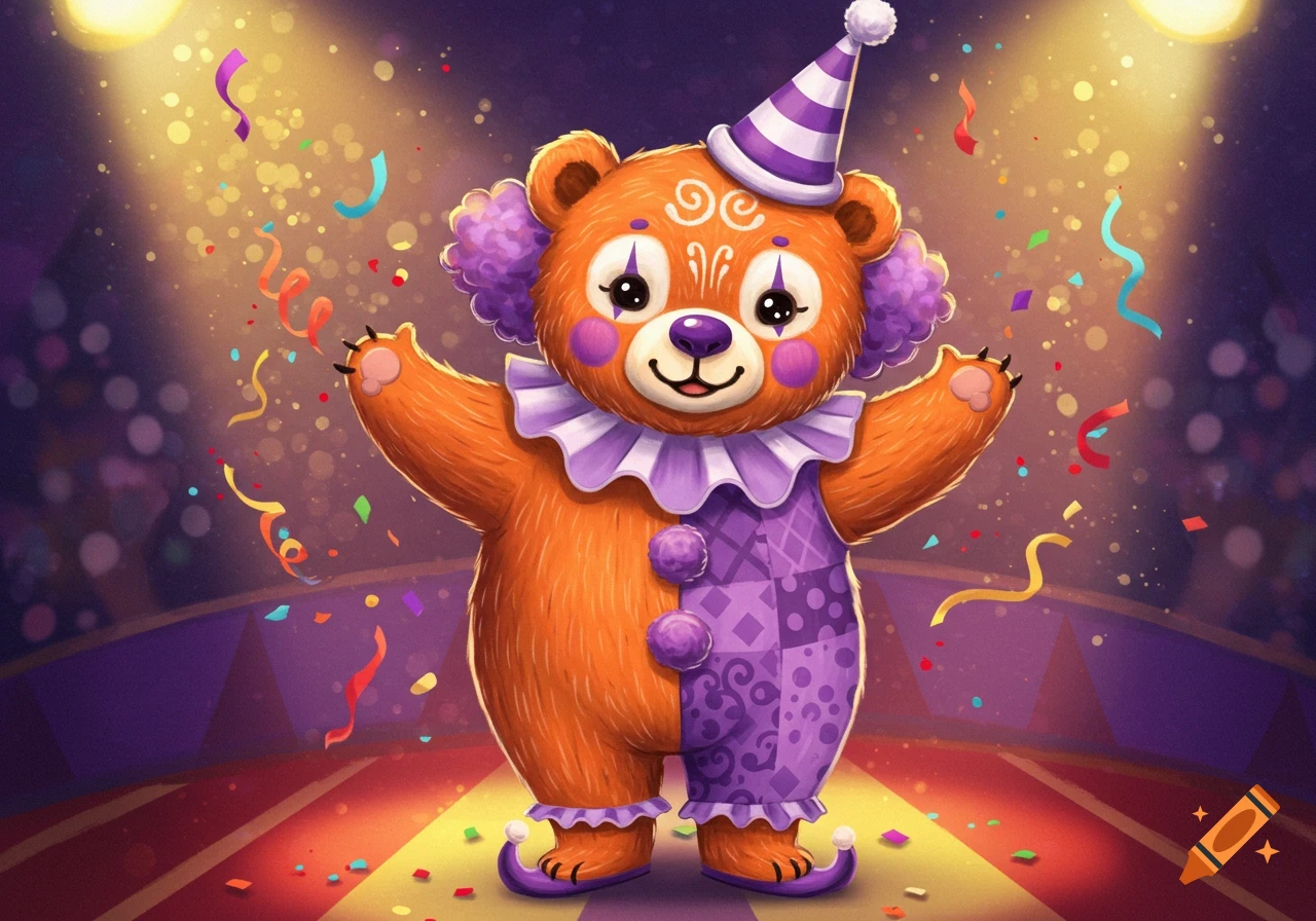A cheerful cartoon clown bear wearing a striped party hat and a purple patterned outfit, standing in a spotlight with confetti falling in a circus ring.