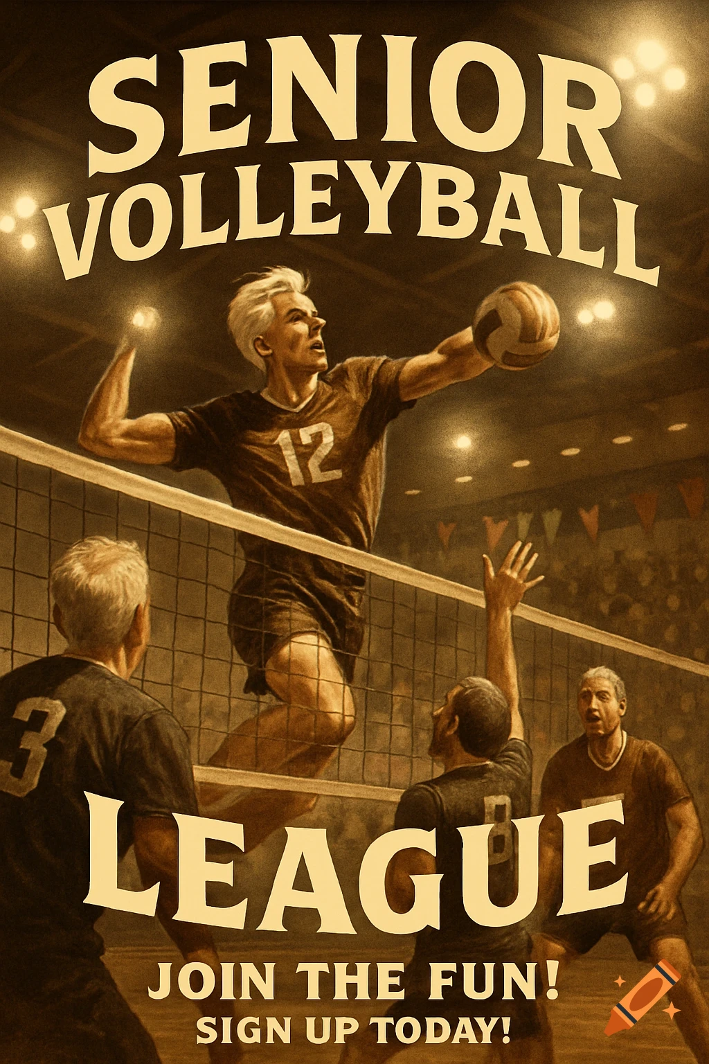 Vintage-style poster promoting a senior volleyball league, showing older men playing on a court.