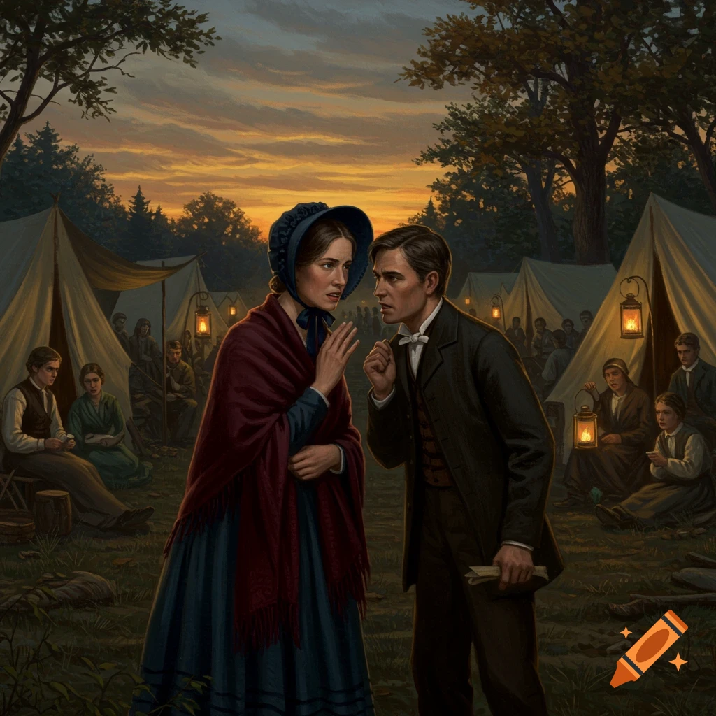 A woman in a bonnet and shawl talks intently with a man in a suit at a lantern-lit 19th-century camp meeting, with tents and people in the background. Painting.
