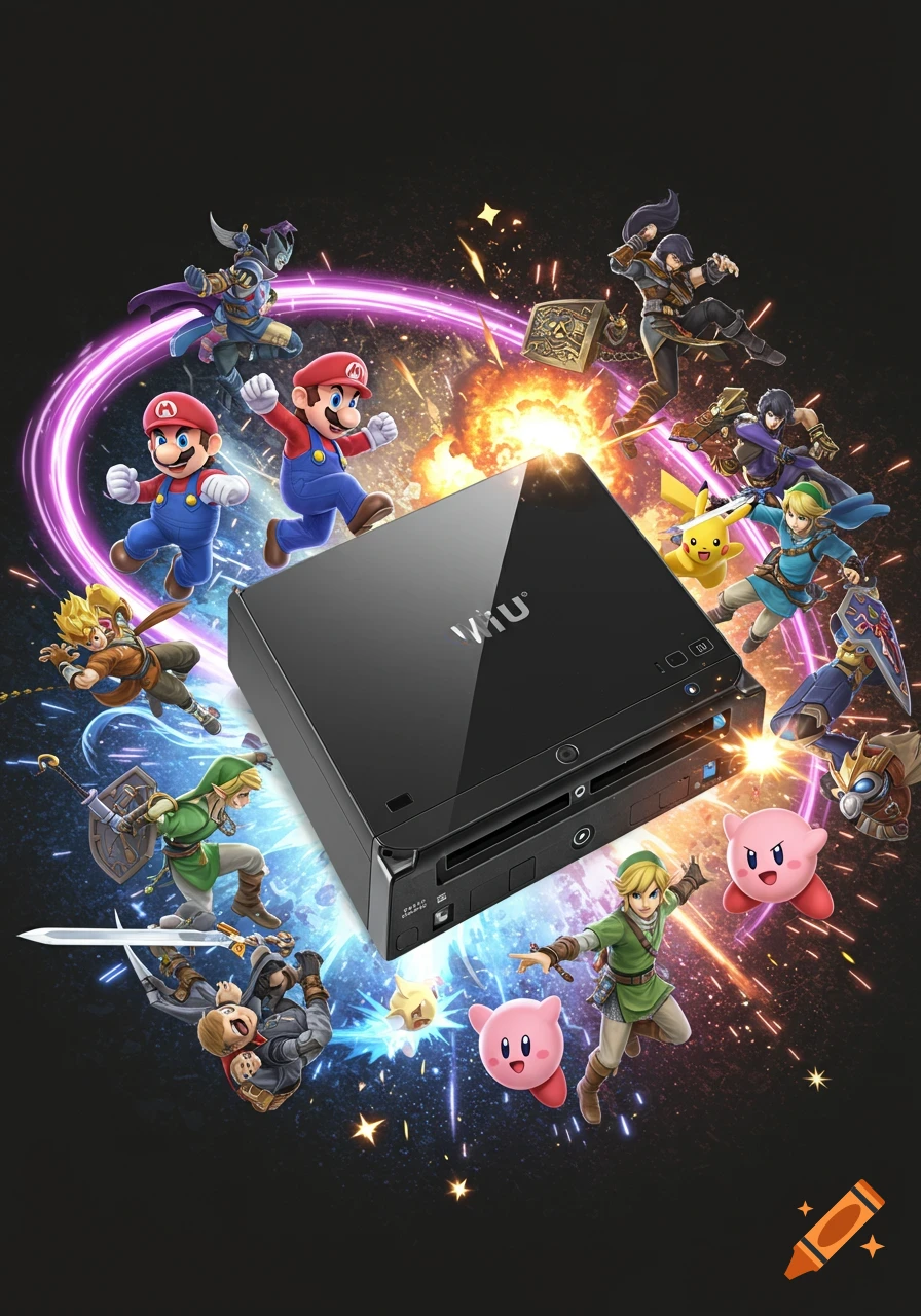 A Nintendo Wii U console surrounded by characters like Mario, Link, Pikachu, and Kirby, amidst an explosion and cosmic background.