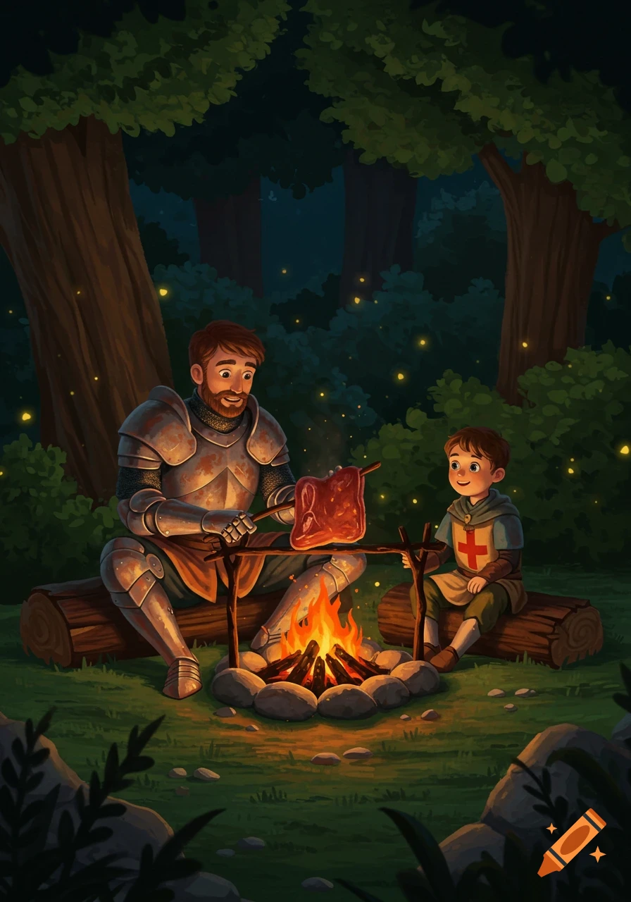 Illustrated knight and child cooking venison on a campfire in a dark forest with fireflies.