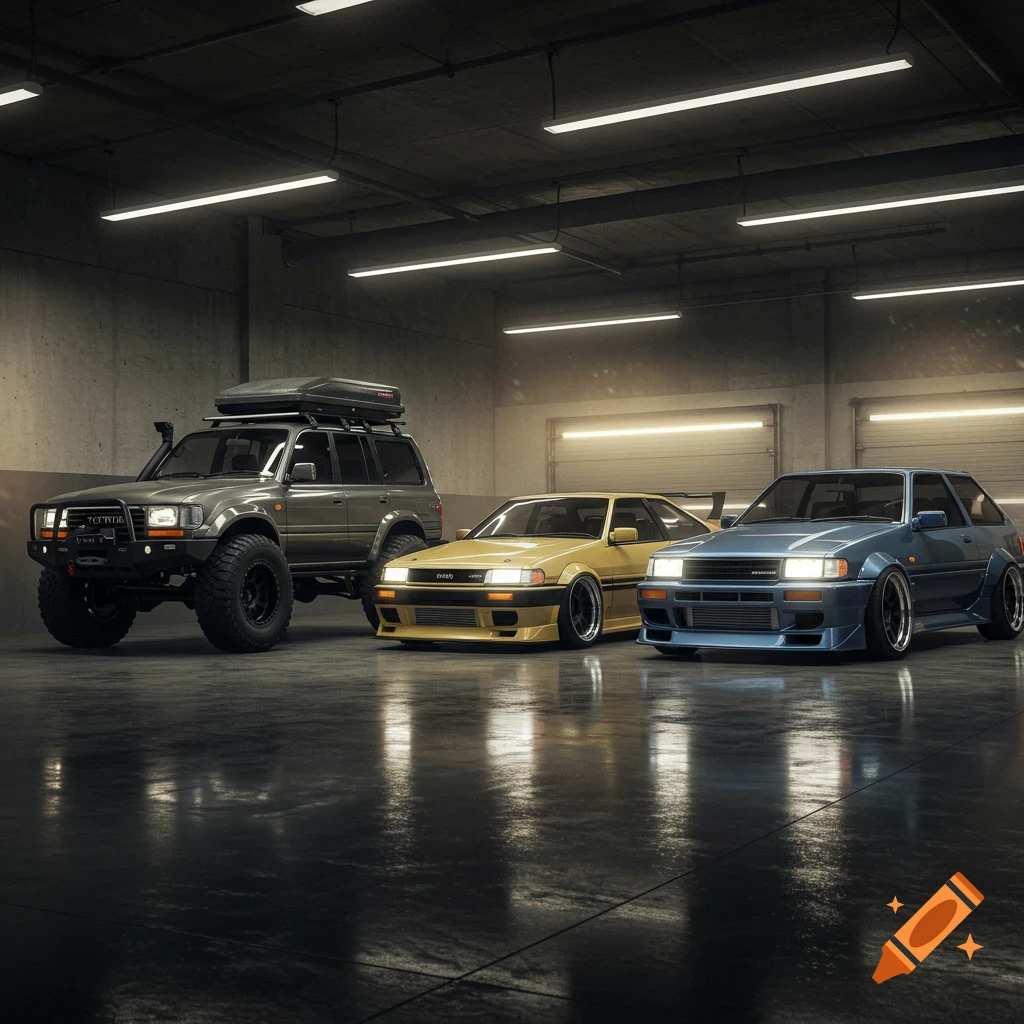 Three highly modified Toyota vehicles, a grey Land Cruiser SUV, a yellow coupe, and a blue coupe, parked in a dimly lit garage with reflective floors.