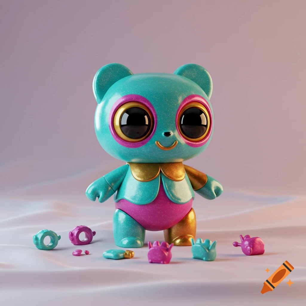 Sparkly turquoise, pink, and gold toy with large eyes and a smile, standing on a light surface with small toy parts, 3D render.