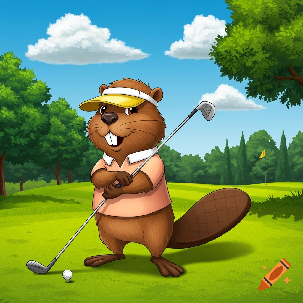 A friendly cartoon beaver in a visor and polo shirt holds a golf club on a golf course with a ball, trees, and blue sky.