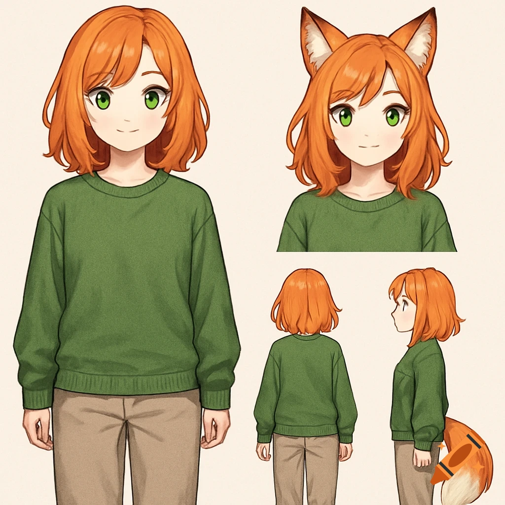 Anime character reference sheet of a girl with orange hair, green eyes, green sweater, and khaki pants, with a fox-eared and tailed variant.