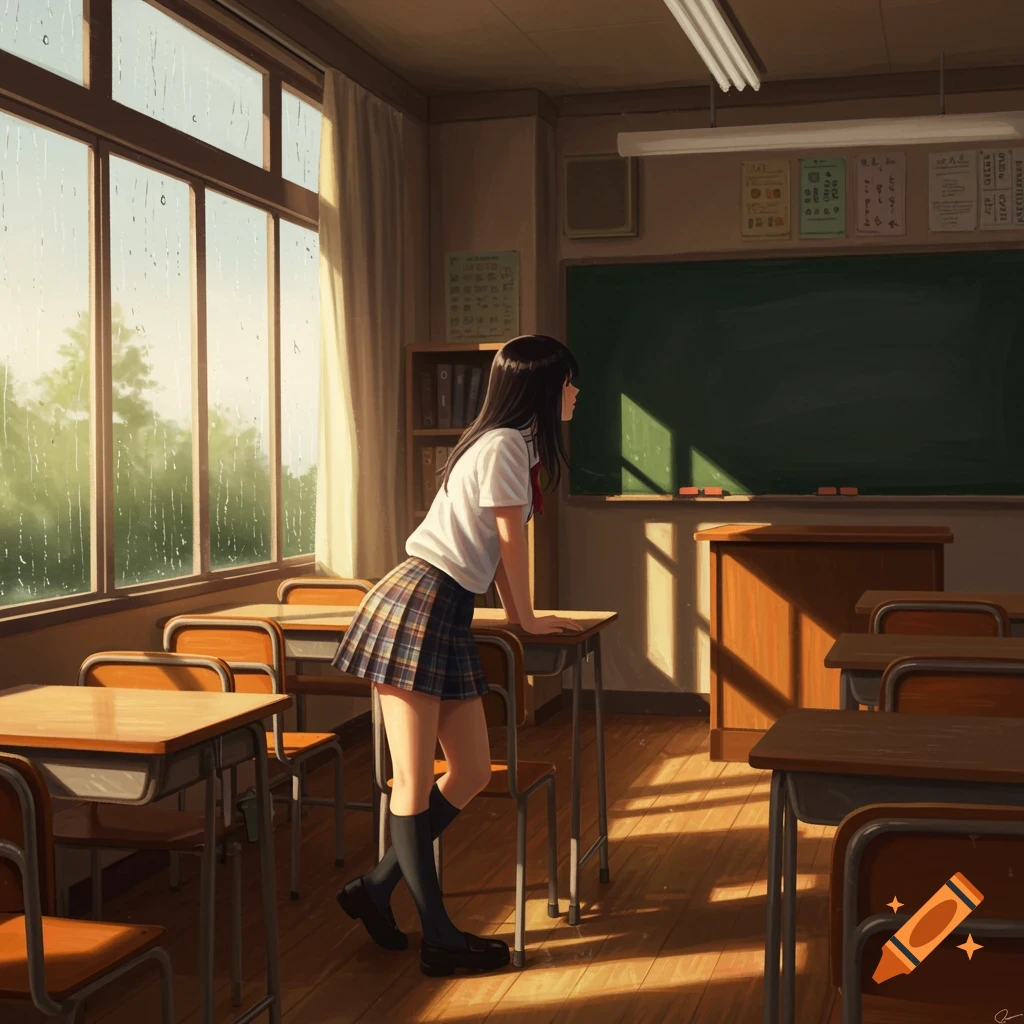 Anime-style schoolgirl in a plaid skirt leans on a desk in a sunny classroom, looking out a rainy window.
