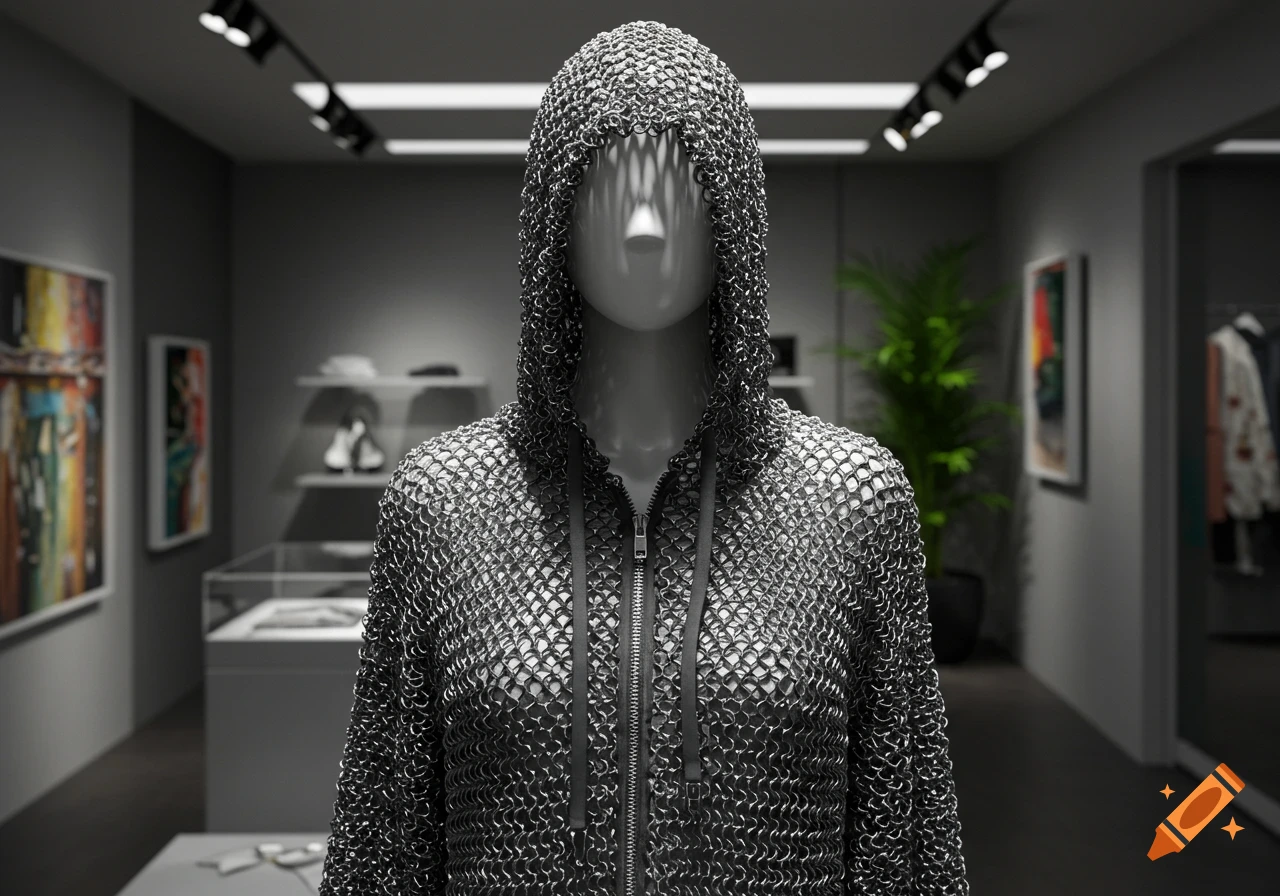 Mannequin wearing a chainmail hoodie made from zippers in a modern art gallery setting.