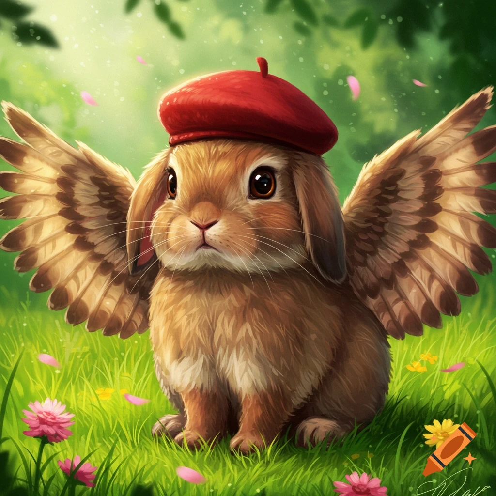 A cute brown rabbit wearing a red beret and owl wings sits in vibrant green grass with pink and yellow flowers. Illustrative style.