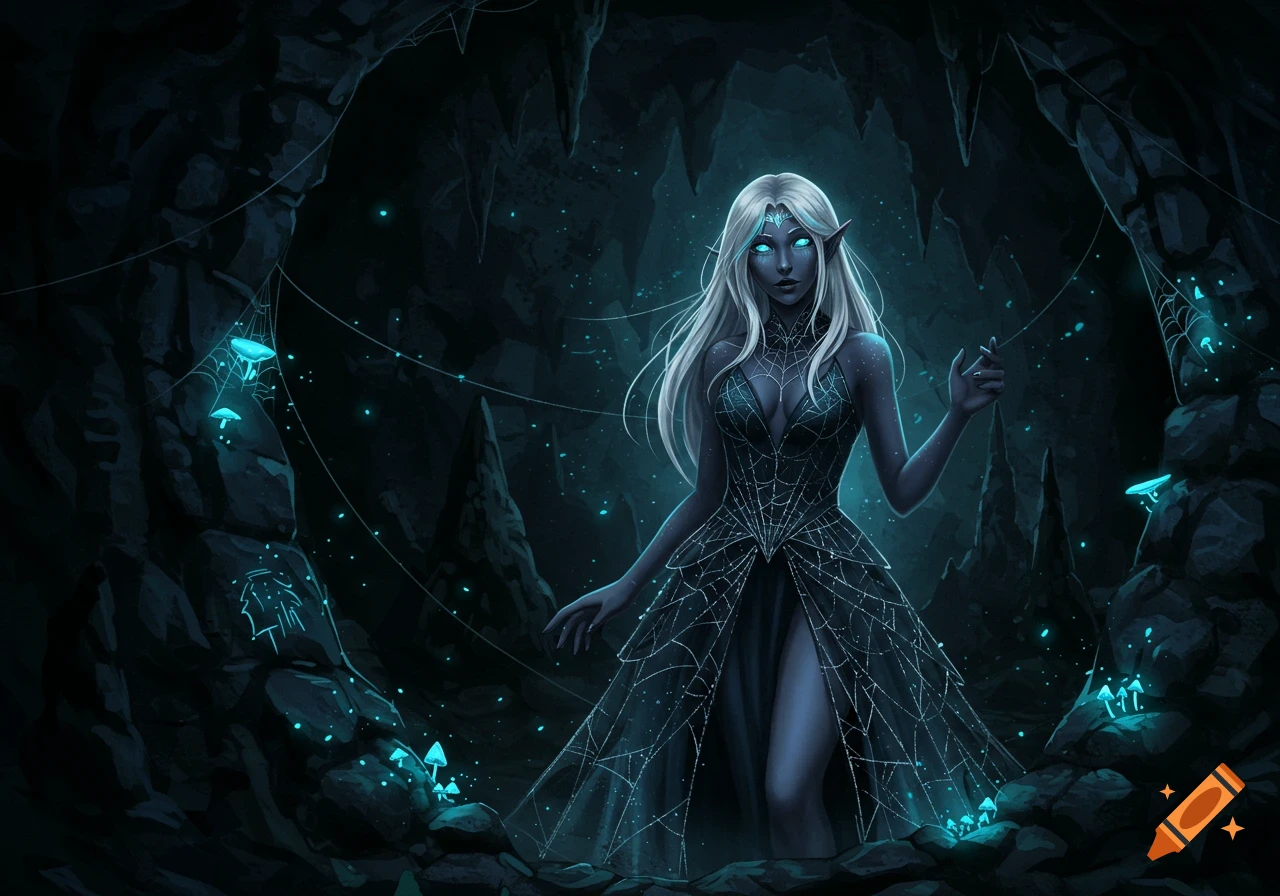 Anime drow princess with white hair and glowing blue eyes in a spiderweb dress stands in a mystical cave with glowing mushrooms.