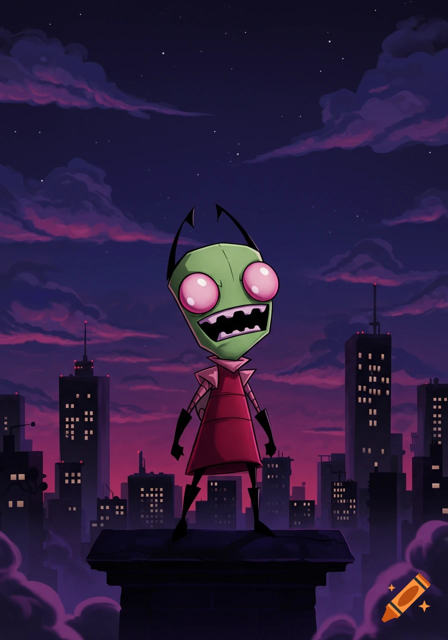 Cartoon alien Zim stands on a city rooftop at night with a purple sky, looking confident.