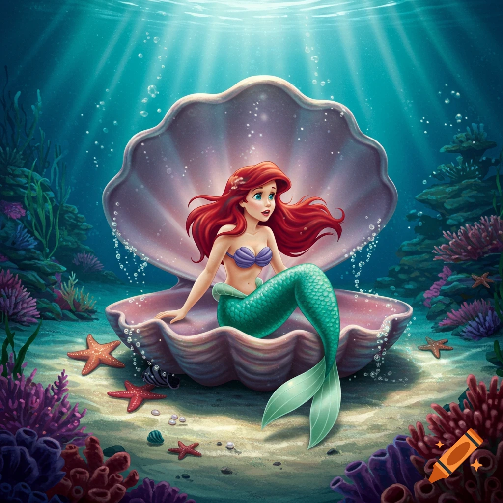 Ariel the Little Mermaid with red hair and green tail sits in a large open clam shell on the ocean floor, surrounded by colorful coral and starfish, with rays of light shining from the surface.