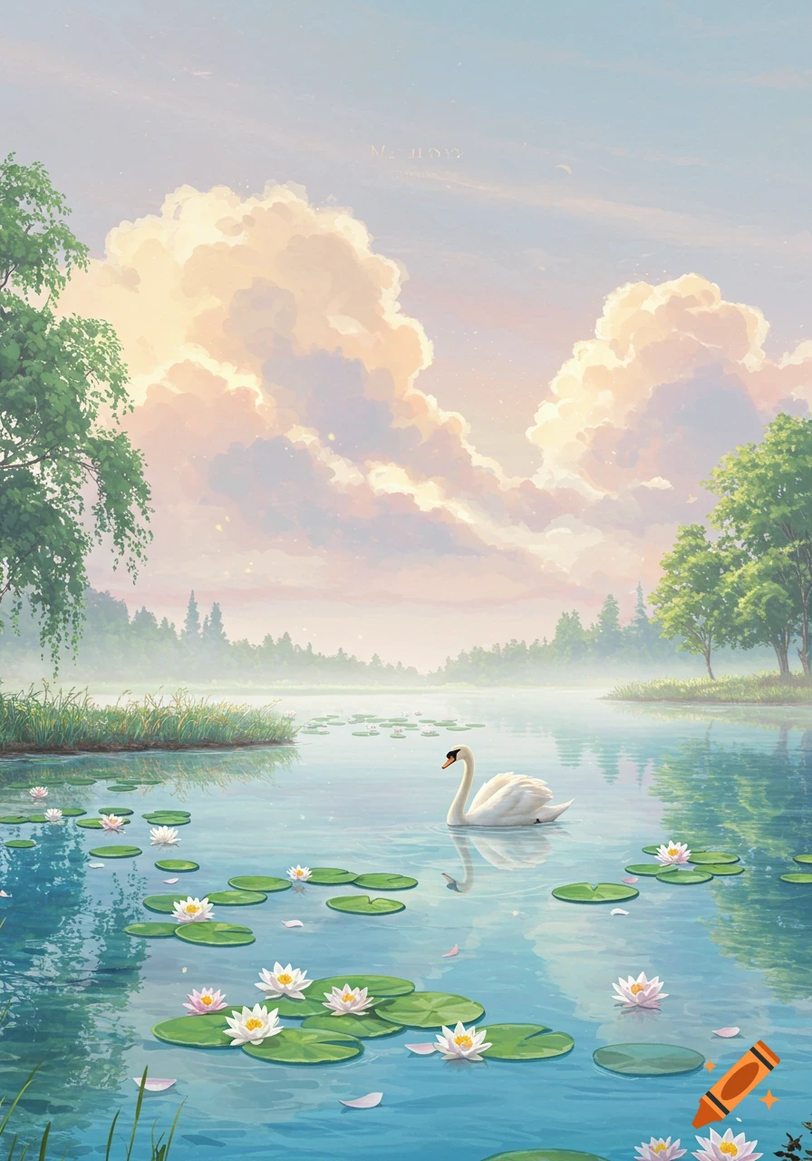 A serene white swan glides on a calm lake filled with water lilies, bordered by green trees under a soft, cloudy pastel sky. Dreamy painterly style.