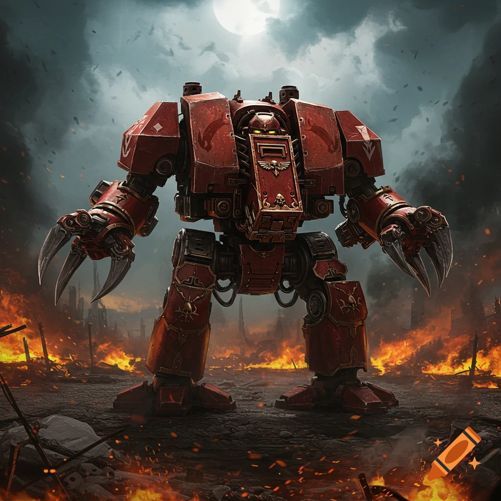 A red Warhammer 40k Dreadnought with sharp claws stands amidst a burning, war-torn battlefield under a full moon, digital art.