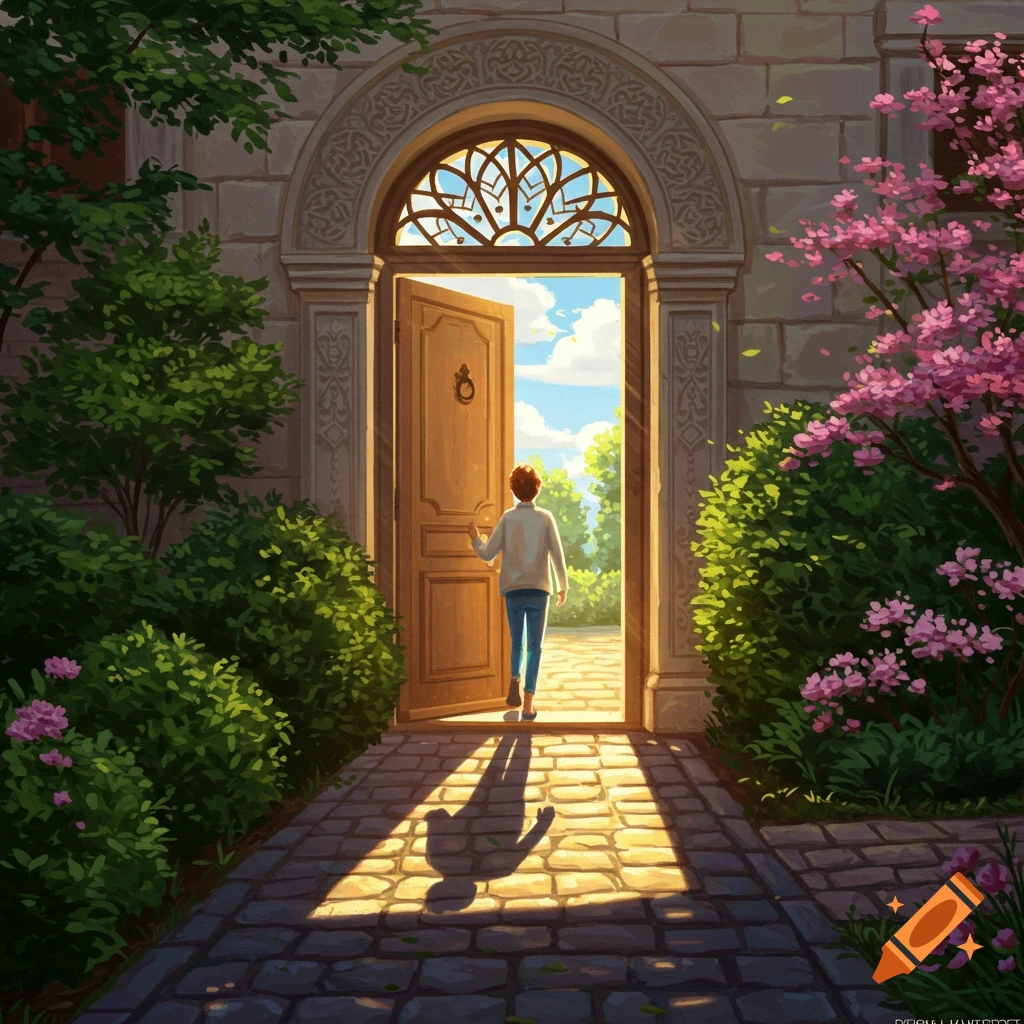 A person with red hair walks through an ornate open stone doorway into a sunny, lush garden with pink flowers, in an illustrated style.
