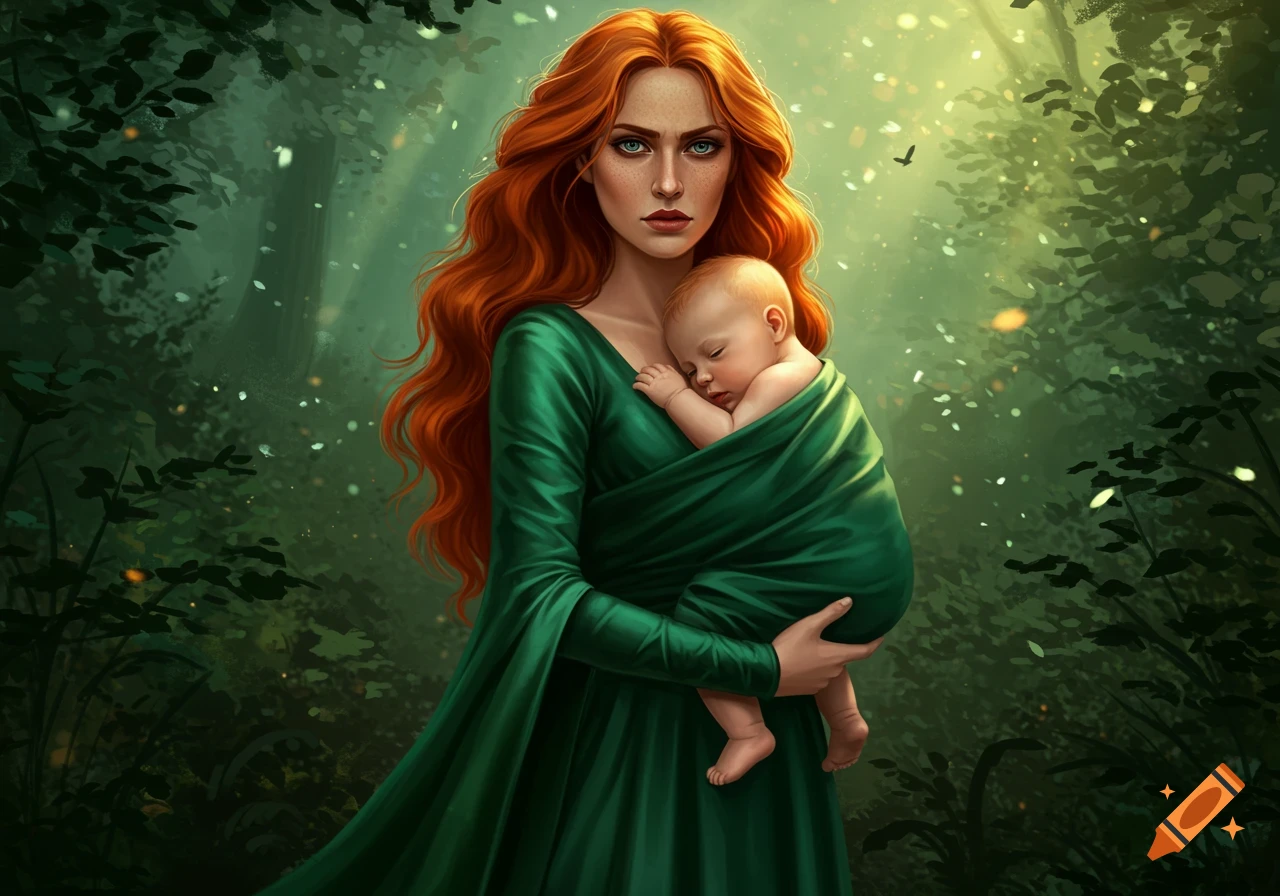 A red-haired woman in a green gown holds a sleeping baby in a sunlit forest, digital fantasy art.